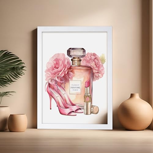 Image of Poster Master Pink Designer Print - Fashion Poster - Shoes, Lipstick & Perfume Art - Chic Gift for Women & Fashionista - Glam Decor for Bedroom or Girl's Room - 16x20 White Framed