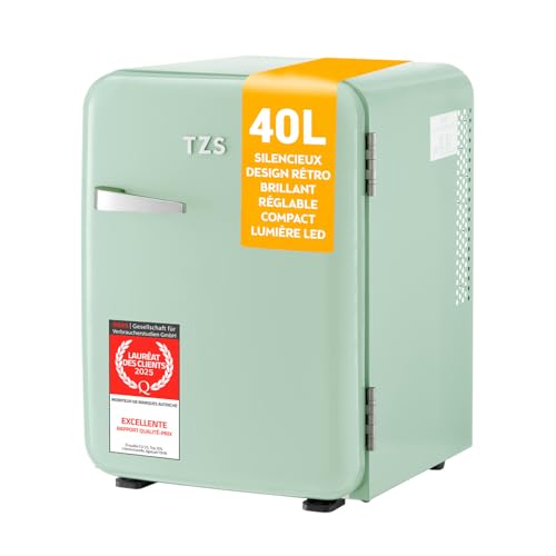 TZS First Austria - Mini Réfrigérateur Rétro 40L silencieux - Petit Minifrigo design vintage avec lumière intérieure et 2 compartiments de porte - Minibar...
