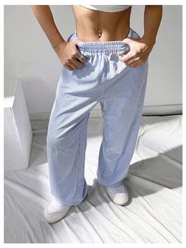 WDIRARA Women's Striped Print Straight Leg Pants Elastic Waist Casual Trousers with Pockets4
