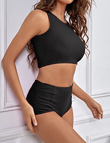 Women Athletic Two Piece Swimsuits Sports High Waisted Bathing Suit Crop Tops Bikini Set Tummy Control Tankini Solid Black #TOP1