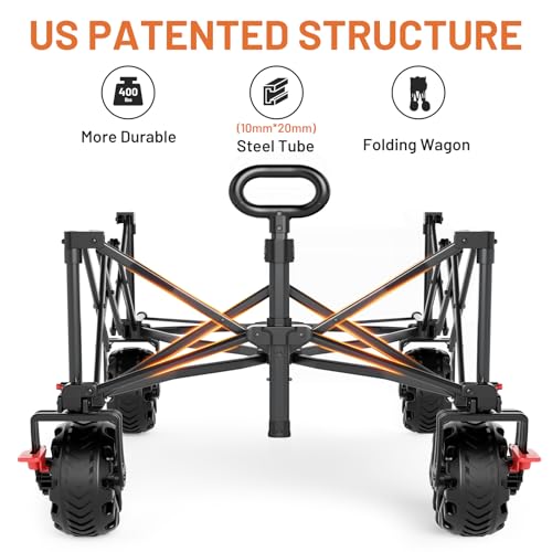 Image of TIMBER RIDGE 600L Beast Wagon 26 inch W Extra Wide All Terrain Folding w /Big Wheels, Cargo Net & Tailgate, 400lbs Heavy Duty Portable Cart 54.5 inch L Large Collapsible Wagons for Camping, Sports, Dogs, Black