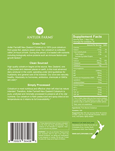 Antler Farms 100% Pure New Zealand Colostrum, 30 Servings, 1 Lb - Grass Fed, Pasture Raised, Clean Sourced, Cold Processed, Undiluted, High Igg Content #TOP1