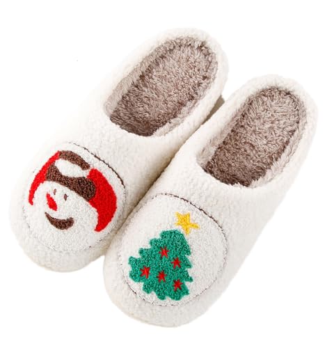 Qubuwalk Pantuflas de Navidad Grinch Papá Noel, reno, pantuflas de felpa suave y mullidas, pantuflas acogedoras para mujeres y hombres, zapatos para interiores y exteriores, Árbol de muñeco de nieve,