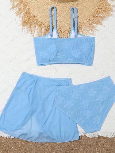 Image of Girl's 3 Piece Bikini Set Ribbed Textured Halter Swimwear Knot Front Ruched Bathing Suit Swimsuit Blue 160