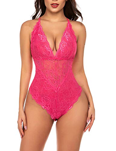 Avidlove Women Snap Crotch Lingerie Sexy Lace Bodysuit Deep V Teddy One Piece Lace Babydoll (X-Large, Pink-(with Snap Crotch))