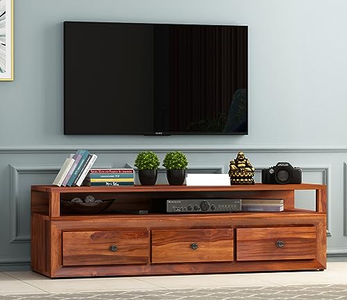 Image of Solid Sheesham Wood TV Unit with 3 Drawers and 1 Shelf - Storage Solution for up to 55-inch TV in Your Living Room (Oriel, Honey Finish)