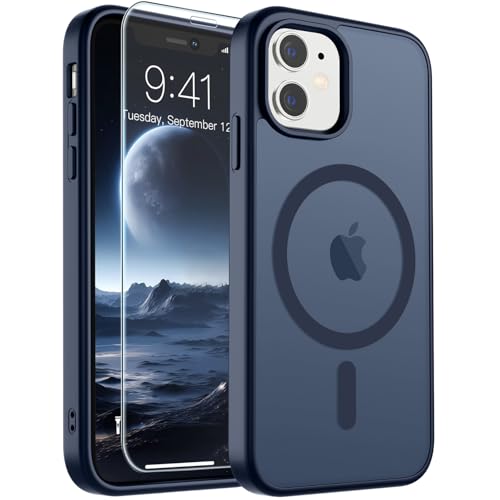 Image of SUPFINE Magnetic for iPhone 11 Phone Case with Screen Protector (Compatible with MagSafe)(Military Grade Drop Protection) Translucent Matte Phone Cover,Dark Blue