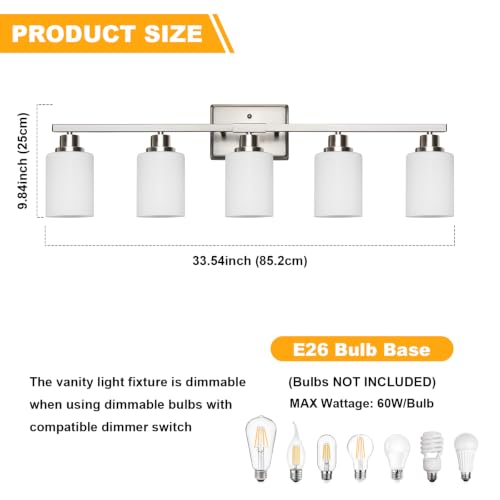Image of Unicozin 5-Light Bathroom Light Fixtures, Modern Brushed Nickel Vanity Light Over Mirror, Wall Sconces with Milky White Glass Shades for Living Room Bedroom Hallway E26 Base