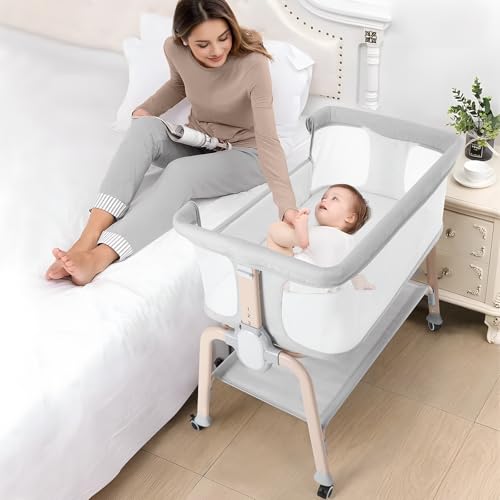 Image of Cowiewie Bassinet Bedside Sleeper, Breathable Baby Bedside Bassinet and Mattress, Lightweight and Portable for Bedside Sleeping, Light Grey