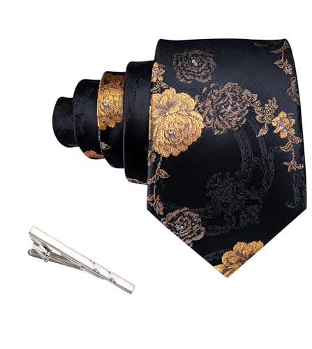 Image of Barry.Wang Floral Ties for Men Flower Necktie with Tie Clip Formal