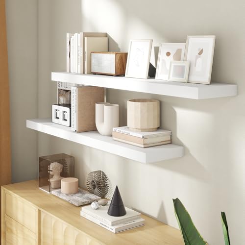 Image of 48 Inch Floating Shelves for Wall, 8 Inch Deep Floating Shelf for Storage & Display, Rustic Wall Mounted Shelf with Invisible Brackets for Living Room, Kitchen, Bathroom, Home Decor, Set of 2, White