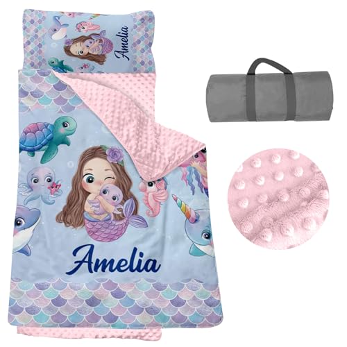 Personalized Toddler Nap Mats for Daycare - Custom Name Mermaid Kids Nap Mat for Preschool Kindergarten Girls Sleeping Bag with Pillow and Blanket, Thick Padded Easy Roll Up Girl