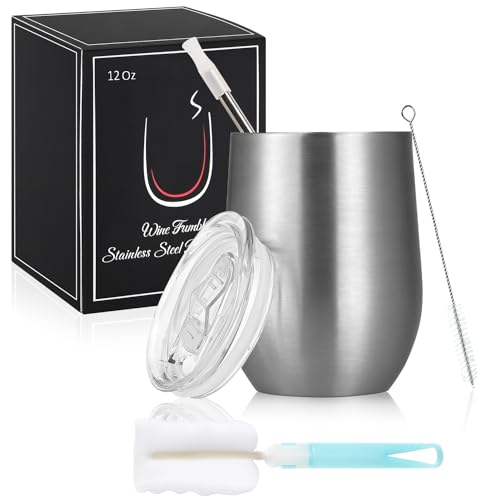 Joymaking 12oz Insulated Stainless Steel Wine Tumbler with Lid and Straw, Double Walled Wine Glass Tumbler Gift for Women, Great for Hot & Cold Drinks -Wine, Champagne, Coffee, Ice Cream, Silver