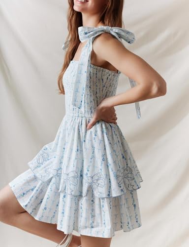 Image of Women Tie Shoulder Mini Dress Floral Ruffle Babydoll Dress Boho Square Neck Sundress Cute Summer Dresses