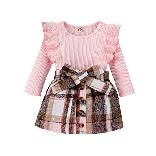 Image of fhutpw Baby Toddler Girl Outfits Fall Winter Clothes Turtleneck Knitted Cotton Long Sleeves Tops & Button Mini Skirts Set