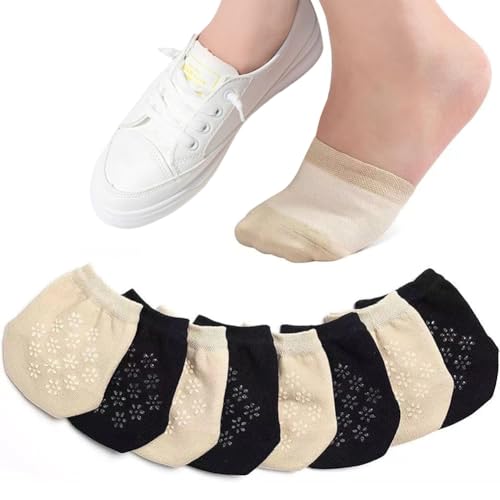 VASANA 4Pairs Women Cotton Mesh Toe Topper Socks Breathable No Show Liner Half Socks Non Slip Hidden Toe Covers for Heels Dress Shoes (Skin Color+ Black)