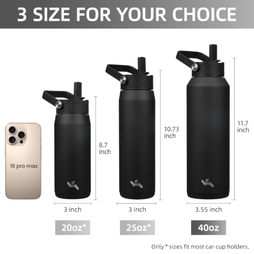 Image of Konokyo 40oz Insulated Stainless Steel Water Bottle with 3 Lids, Leakproof BPA-Free Bottle with Straw Lid, Sip Lid and Flex Cap for Gym, Travel, School, Office, Black