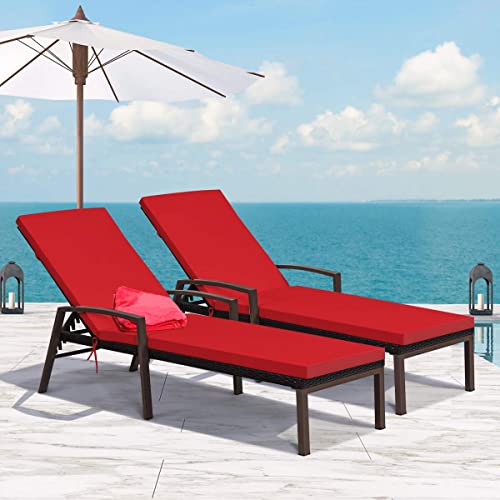 Happygrill 2Pcs Patio Chaise Lounge Chair Outdoor Rattan Wicker Lounge Set Adjustable Backrest Poolside Chaise With Soft Cushions For Beach Pool Backyard Balcony #TOP1