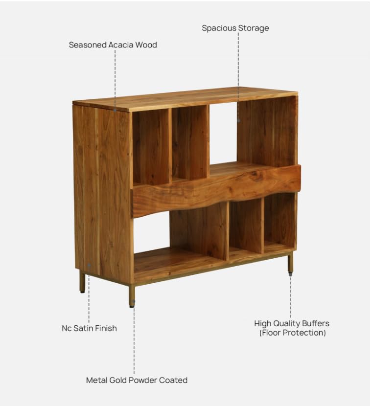 Image of Barcelona Modern Bookshelf Storage for Living Room & Study | Acacia Wood, Natural Finish | Wooden Book Shelf with Doors & Open Display Racks | Modular Storage Unit for Home Office