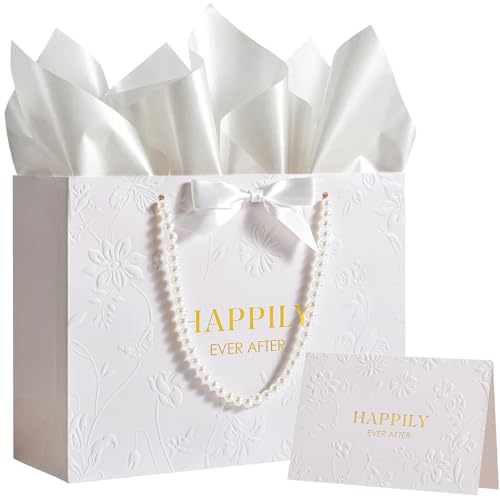 Crisky 13" Embossed Wedding Gift Bag with Pearl Handles, Large Bridal Shower Gift Bag with Greeting Card Tissue Paper Envelopes (Happily Ever After) for Bride, Women, Friends Engagement Party