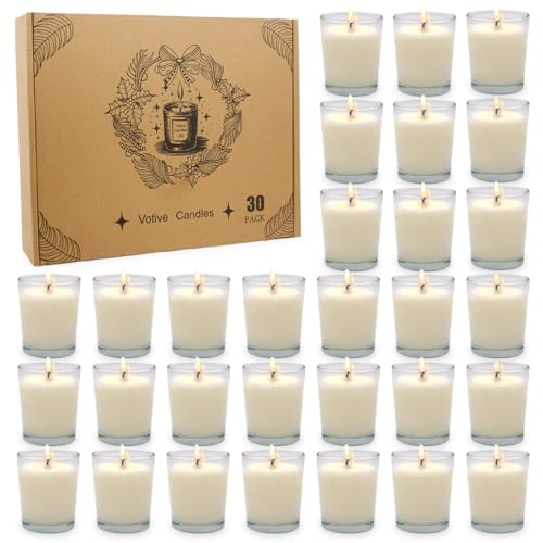 30 Packs Unscented White Votive Candles in Glass, Small Soy Wax Votives for Wedding Party Dinner Table, 1.7