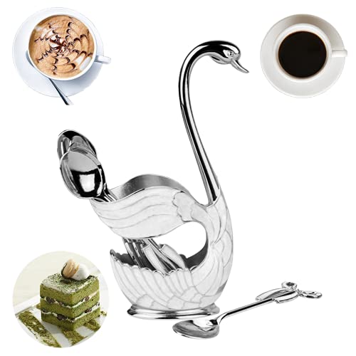 Coffee Dessert Spoon Set, Decorative Swan Base Holder with 6pcs Ice Cream Spoon, Flatware Cafe Bar Spoon Kit for Mixing Coffee Fruit Dessert Sugar Ice Cream Cake Tea (Silver)