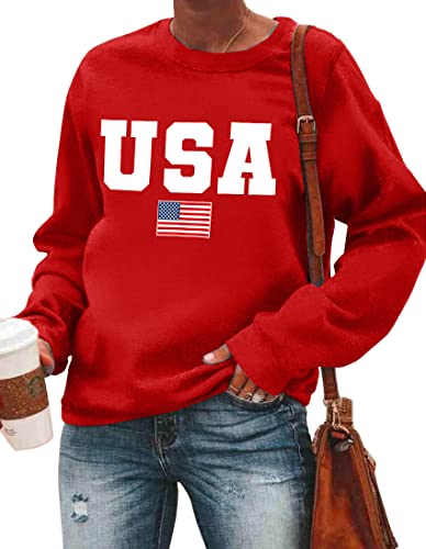 LAZYCHILD USA Sweatshirt Women American Flag Shirt Patriotic TShirt Stars Stripes Sweatshirt 4th of July Tee Tops Red