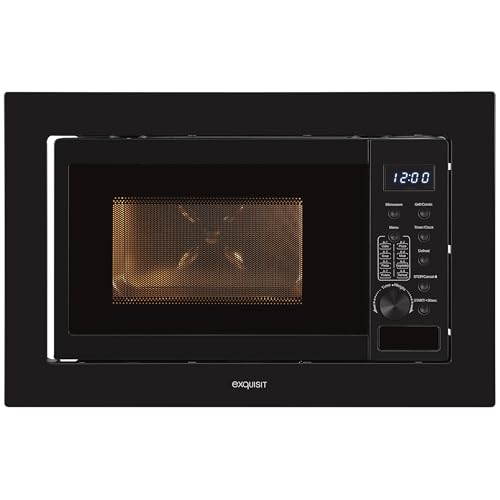 Exquisit® Microondas Encastrable 20L, Negro, 800W con Grill 1000W, Interior de Acero Inoxidable, 8 Programas Automáticos, Plato Giratorio de 27 cm, Medidas (38,4 x 59,5 x 36,6 cm)