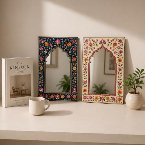 Image of American Elm Pack of 2 Jharokha Mirror Wall Decor for Home Decor Living Room Bedroom and Entryway Indian Floral Arch Acrylic Mirror Wall Hanging