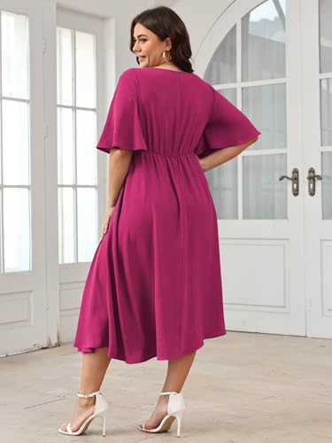 Image of SCOMCHIC Women Plus Size Midi Dresses Wedding Guest Short Sleeve V Neck Tie Waist Casual Summer Flowy A Line Dress