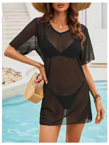 SweatyRocks Women's Sheer Mesh Short Sleeve Cover Ups Round Neck Summer Loose Beachwear Shirt4