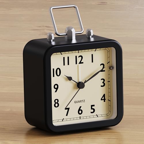 Image of AYRELY Small Metal Alarm Clock, Desk and Table Clock for Travel | Battery Operated Retro Silent Clock with Light for Bedroom, Bedside, Shelf and Living Room Decor (Matte Black)