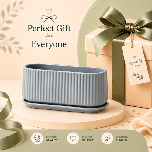 Image of Xtore Ceramic Ribbed Planter with Tray | Matte Finish | for Home & Office Decor - (Pack of 1, Pastel Green, Planter ONLY)