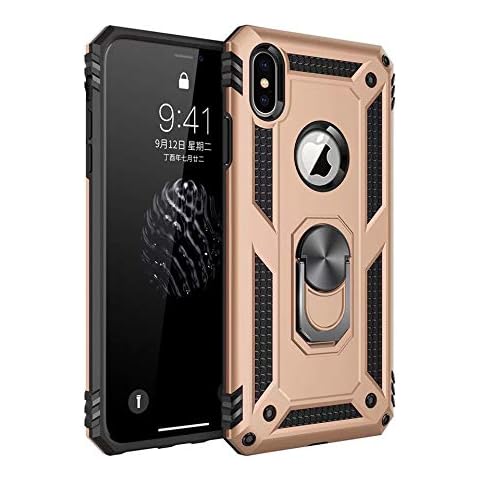 CASEITNOW - Compatible with iPhone X/iPhone Xs - Magnetic Shockproof Hard Armor Ring Holder for Car Mount with Kickstand/Military Grade Drop Phone case for iPhone X/iPhone Xs (Gold) Cover