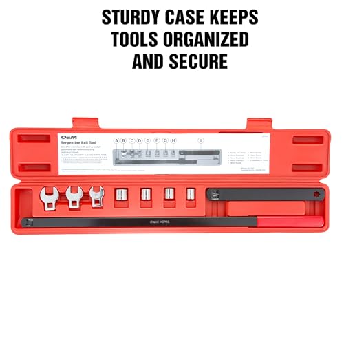 Image of OEMTOOLS Serpentine Belt Tool Kit, Crowfoot Wrenches, Low Profile Sockets | 4 Shallow Sockets, 13, 15, 16 and 18mm, 3 Crowfoot Sockets 13, 14, 15mm, 1 /2 inch Drive Adapter, Rust Resistant