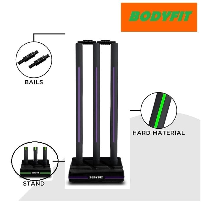 Image of Bodyfit Heavy Cricket Stumps | Plastic Wickets Set with 3 Stumps + 2 Bails + 1 Stand | Full Size Wickets for Cricket Ground, Tournament Wicket. (Black-Purple)