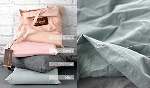 Eikei Washed Cotton Chambray Duvet Cover Solid Color Casual Modern Style Bedding Set Relaxed Soft Feel Natural Wrinkled Look (Queen, Eucalyptus Mint)