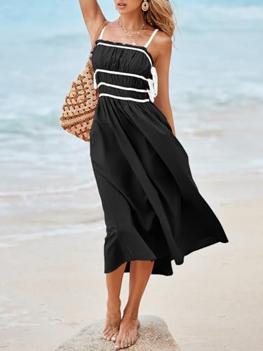 Wenrine Women Summer Spaghetti Strap Dress Sleeveless Tie Smocked Sundress A Line Vacation Beach Midi Dresses4