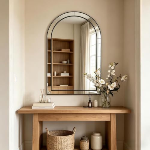 Image of MOON MIRROR Arched Mirror for Bathroom, Bathroom Mirrors for Over Sink, 26x38 inch Matte Black Non-Rusting Vanity Mirror in Delicate Tessellated Glass Design