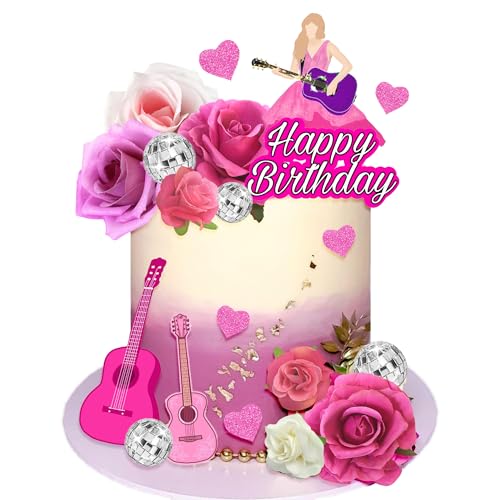 18 PCS Music Cake Toppers Pink Girl Birthday Cake Topper and Guitar Flower Cake Topper for Music Birthday Party Decorations Supplies