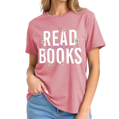 Image of Reading Teacher Shirt Women-Cute Read More Books Short Sleeve Library Book Lovers Daisy Tee Tops