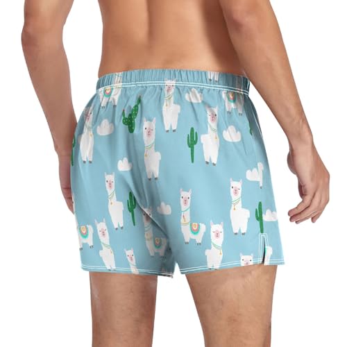 Llama Cactus Cloud Blue Men's Cotton Boxer Shorts Pajama Bottoms Sleep Shorts Underwear with Button Fly4