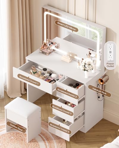 Image of LIVELYGLOW 35.4 inch White Vanity Desk Set with Full-Width LED Mirror & Stool | 3 Lighting Modes, Charging Station, Cushioned Stool, 4 Drawers