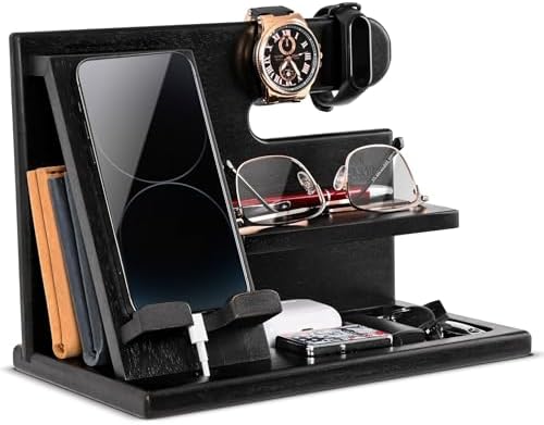Teslyar Dad Gifts Wood Phone Docking Station – Nightstand Organis...
