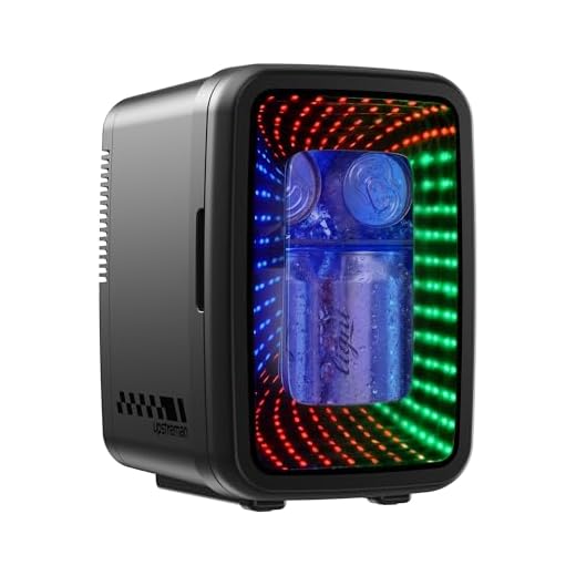 Upstreman Mini Kühlschrank 4L / 6 Dosen, Minikühlschrank mit LED-Beleuchtung, 12V/220V, Mini Fridge für Gaming, Schlafsaal, Büro & Auto, Schwarz,TR4-S