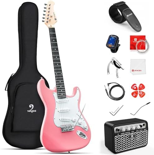 Vangoa 39 Inch Full Size Electric Guitar Beginner Kit Solid Body Pink with Amp, Package with Bag, Tremolo Bar, Strings, Tuner, Picks, Strap, Capo, Cable for Starter Girls Adults Teens