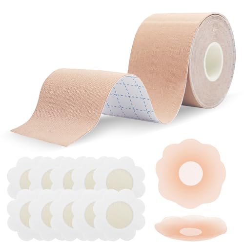 Dunkwckore Pezoneras Adhesivas Invisibles, Sujetador Adhesivo Push Up Invisible, 5m × 5cm Cinta Adhesiva Pecho, 1 Par de Cubre Pezones de Silicona + 5 Pezoneras Tela, Boob Tape, Adecuado para Copa A-E