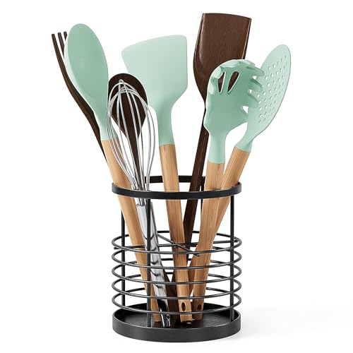 Image of WDT Tool Utensil holder for Kitchen Counter - 5.2 inch x 5.2 inch x 6 inch Large Round Utensils Holder with Wooden Base Matte Black Cooking Utensil Holder，Kitchen countertop Utensil Organizer (Metal-1)