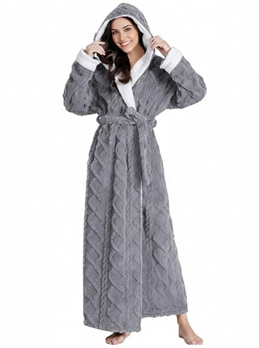 Artfasion Women Robes Hood Bathrobe: Full Length Plush Luxurious Flannel Spa Ladies House Robes with Belt Pockets for Morning Mom Wife College Dorm Shower Female Friends Gifts