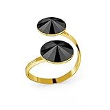 Material: plata 100% real GIORRE ¤ Nuevo Anillo Con Dos Piedras Rivoli 12mm, Swarovski ¤ Plata Fina Esterlina 925 CRISTAL : Jet  PLATA : Chapado en oro amarillo 24K
